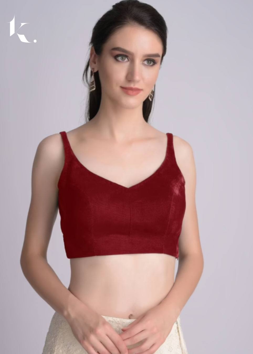 Trendy Red Velvet Deep Leaf Neck Sleeveless Custom Blouse - Ikonikbez