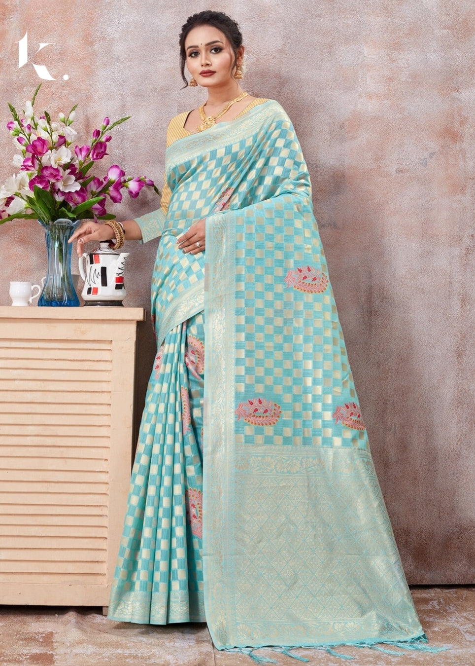 festive wear Aqua Blue Kota Cotton Exclusive Printed Saree with Zari Border