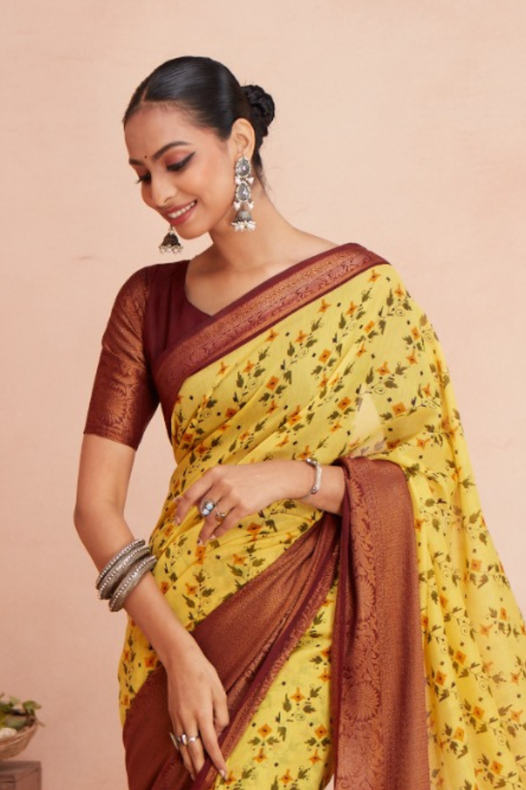 Yellow Chanderi Jacquard Border Floral Printed Designer Saree