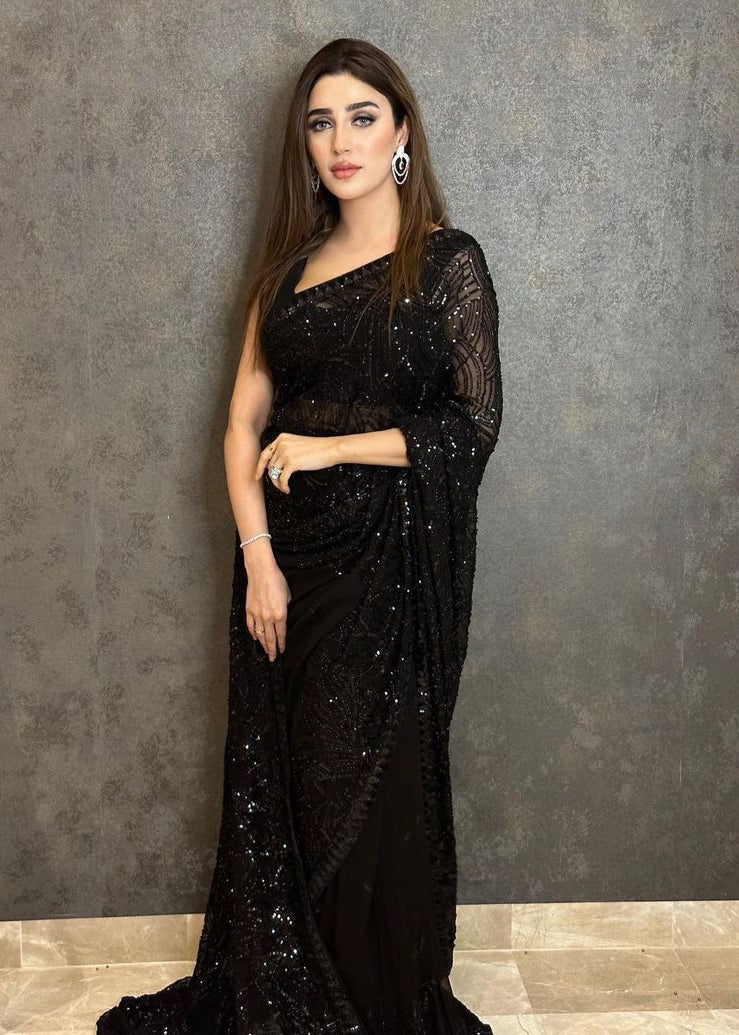 Black Classic Party Wear  Faux Georgette Sequins Embroidered Work Saree