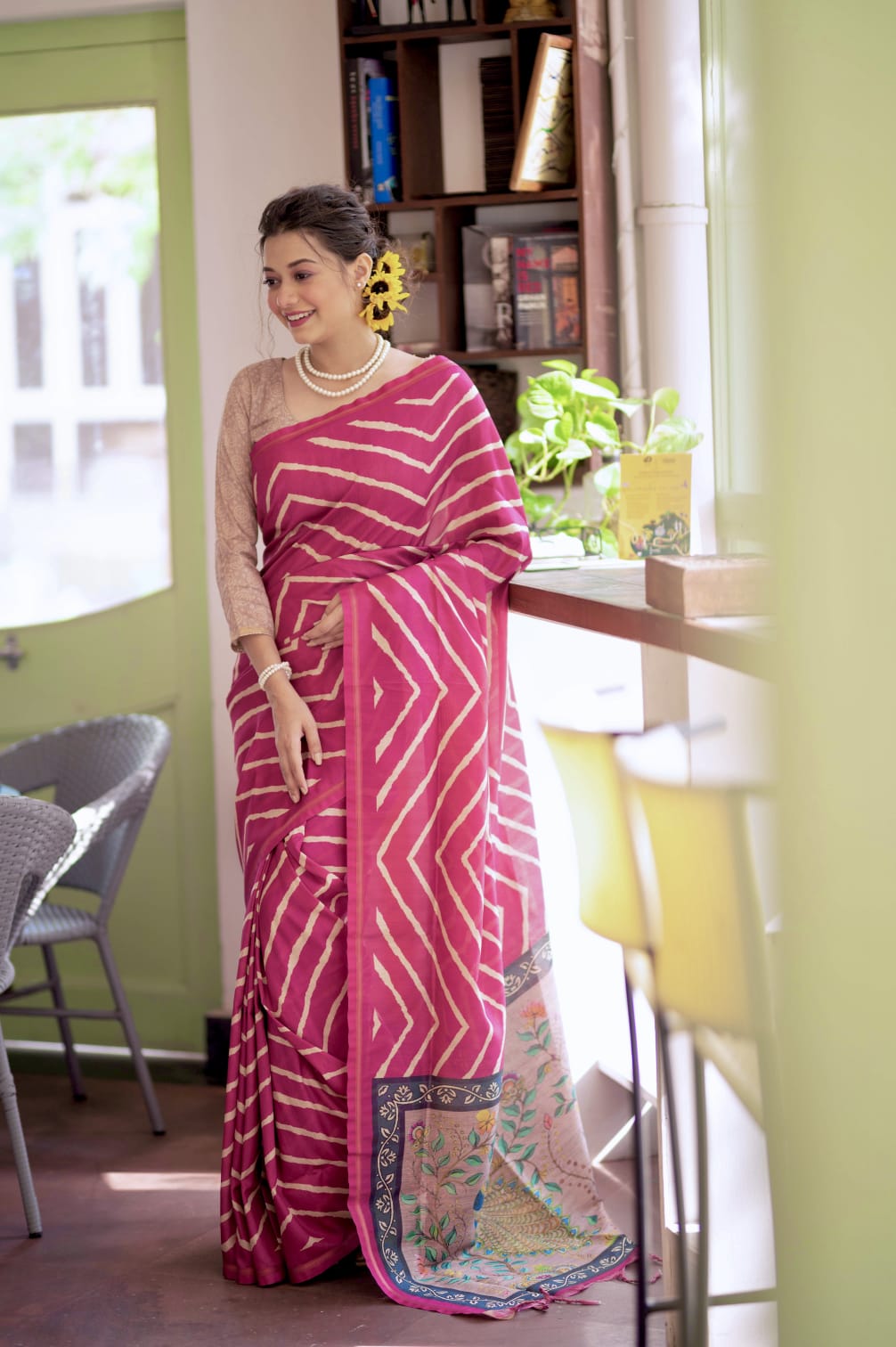 Pink Tussar Designer Silk Beautiful Lehriya Print Casual Saree