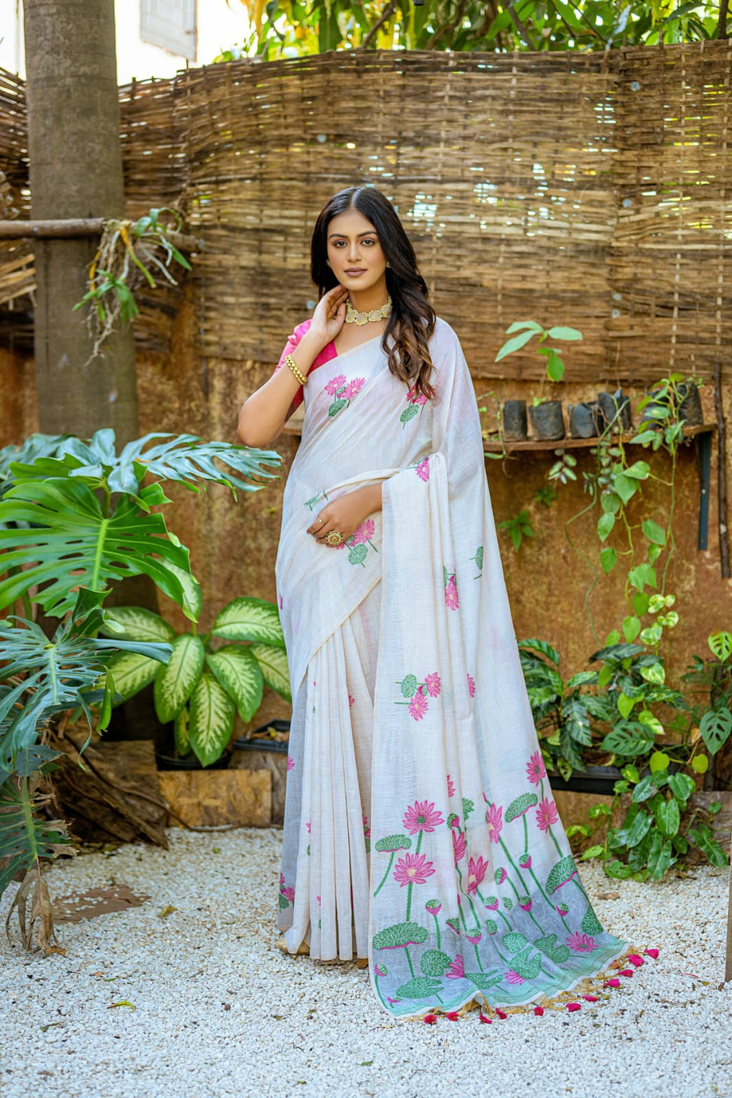 White Designer Soft Muga Silk Casual Floral Saree.