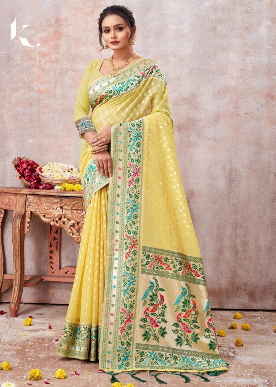Yellow Zari Kota Cotton Digital Printed Chanderi Wedding Wear Saree - Ikonikbez