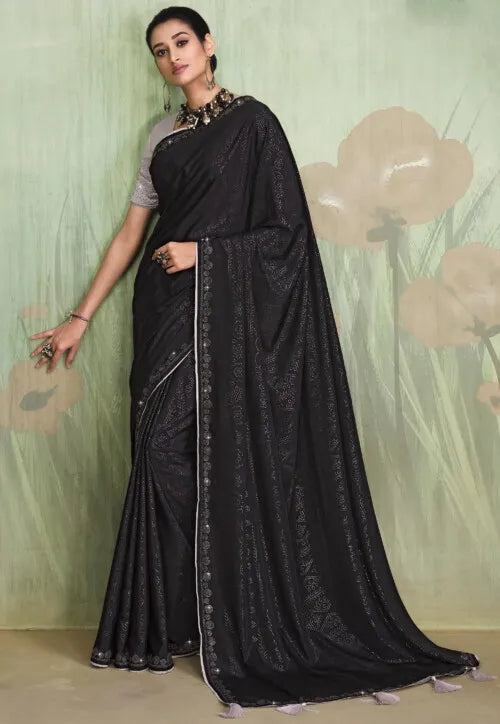 Stylish Black Premium Embellished Party wear Satin Saree 