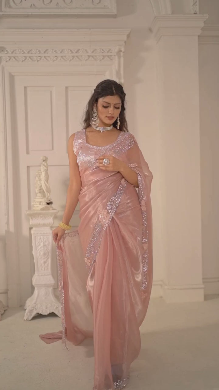 Party wear Pink Burberry silk  saree With Sequined Embroidered Patch Work And Zircon Border - ikonikbez