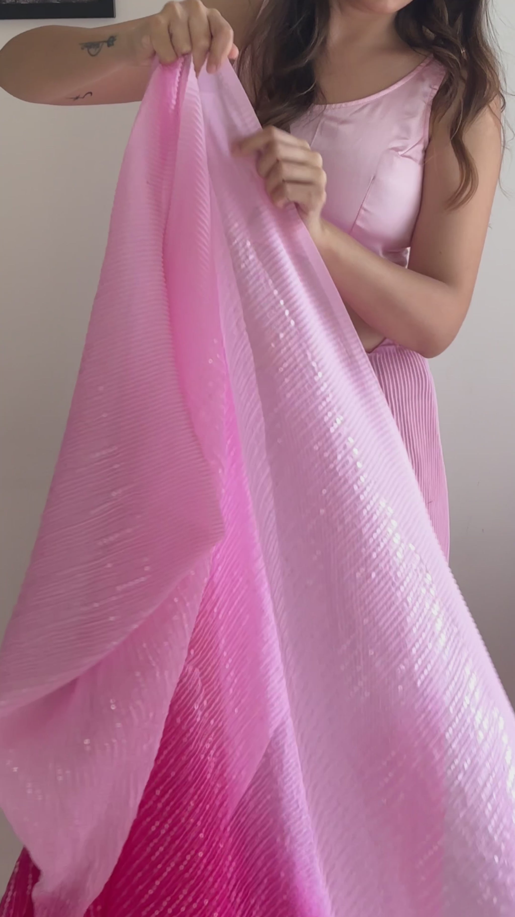 Pink Graceful Sequence Georgette Crushed Party Wear Saree